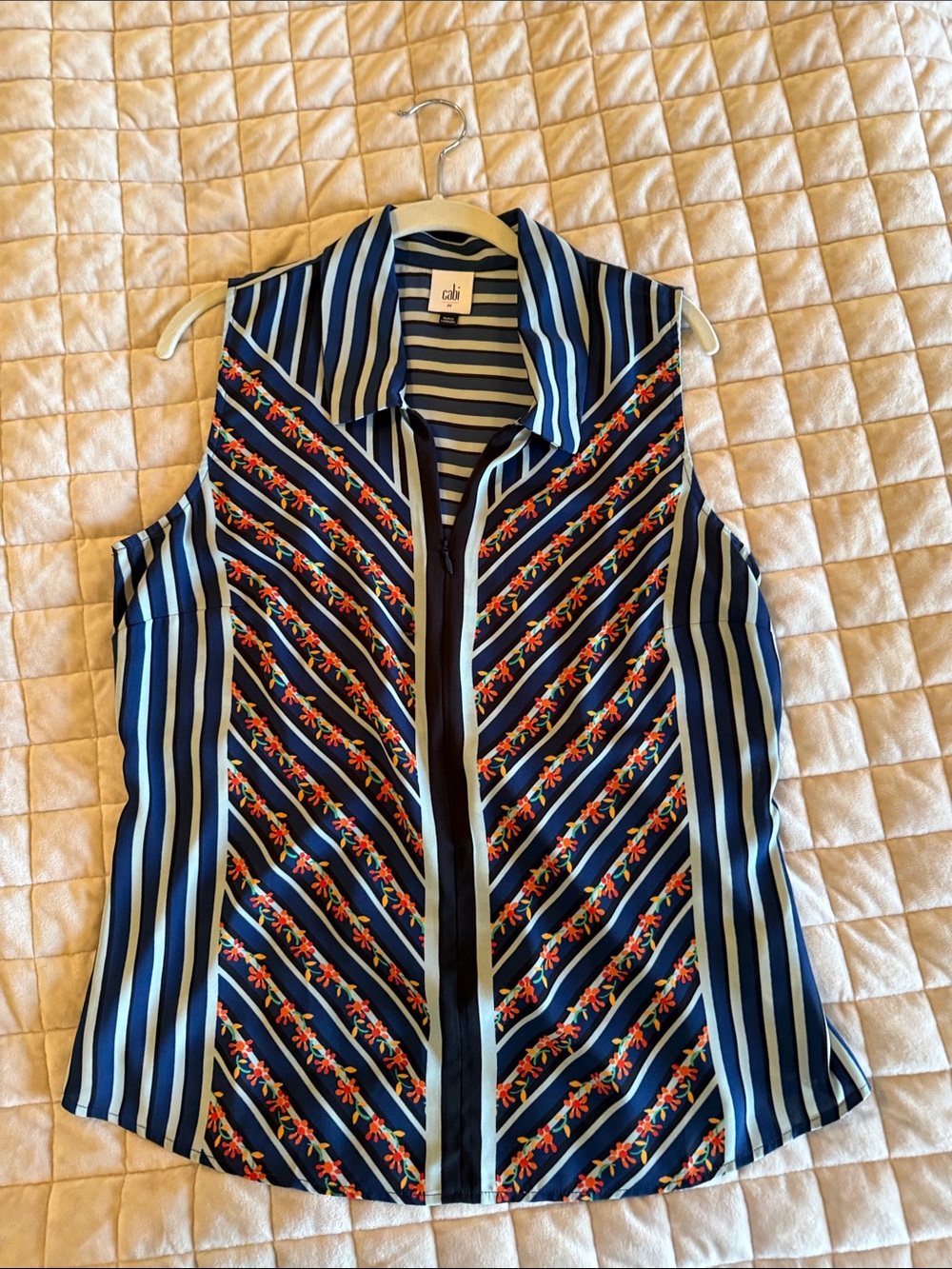 CAbi Navy and Light Blue Striped Floral Sleeveless Button-Front Top
